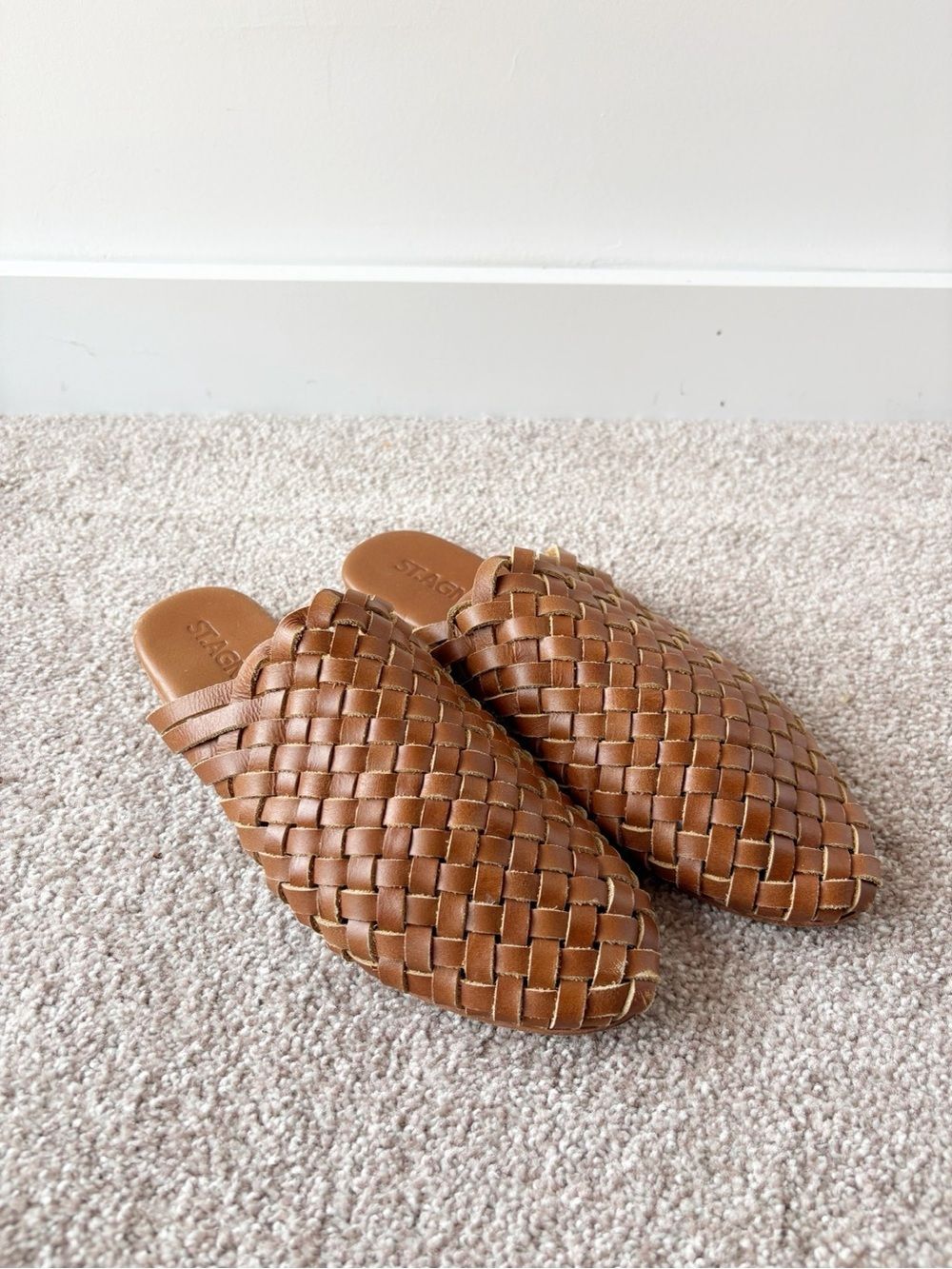 St. Agni Paris Tan Woven Leather Mules Flat Slip On Basketweave Loafer Slides 40